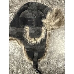 Trapper Hat Mens‎ Cap Ski Faux Fur Black Gray Winter Hat Buckle OSFM